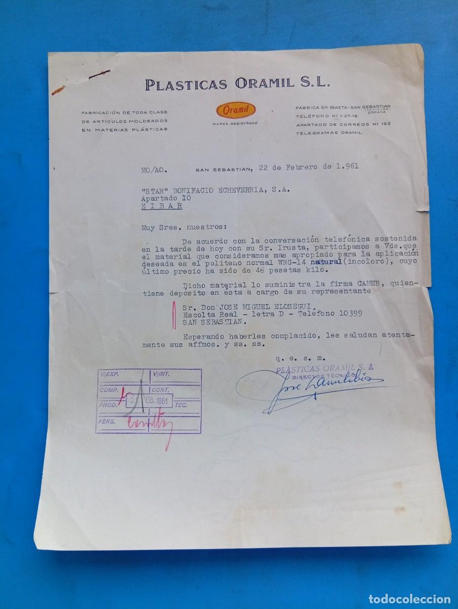 Cartas comerciales: CARTA COMERCIAL. SAN SEBASTIAN. 1961. FABRICACION DE ARTICULOS MOLDEADOS. PLASTICAS ORAMIL, S.L.
