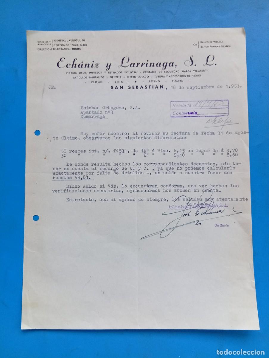 Cartas comerciales: CARTA COMERCIAL. SAN SEBASTIAN. 1953. VIDRIOS LISOS Y ESTRIADOS VILLOSA. ECHANIZ Y LARRINAGA, S.L.
