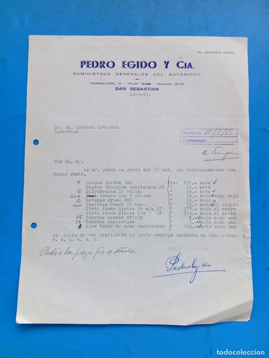Cartas comerciales: CARTA COMERCIAL. SAN SEBASTIAN. 1953. SUMINISTROS GENERALES DEL AUTOMOVIL. PEDRO EGIDO Y CIA.