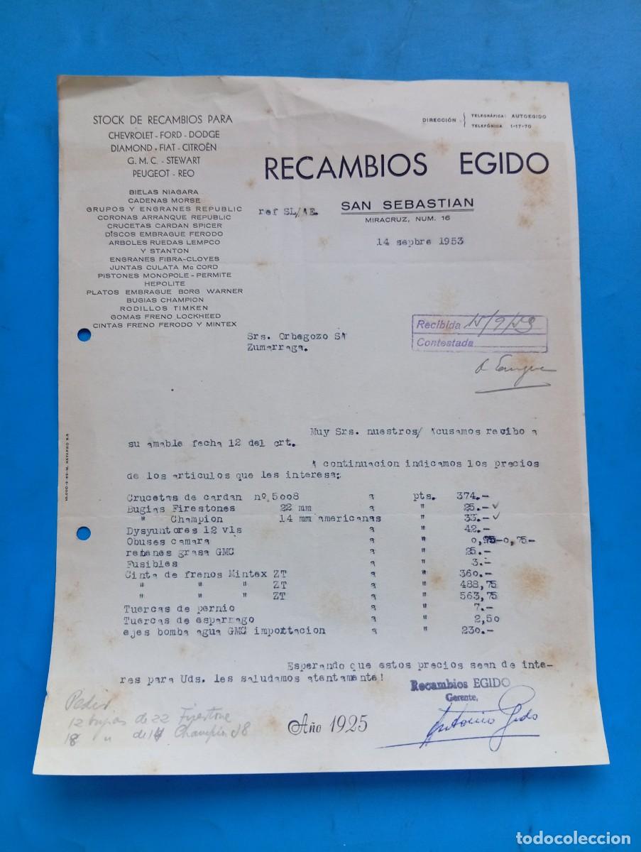 Cartas comerciales: CARTA COMERCIAL. SAN SEBASTIAN. 1953. RECAMBIOS PARA CHEVROLET-FORD-DODGE DIAMOND. RECAMBIOS EGIDO.