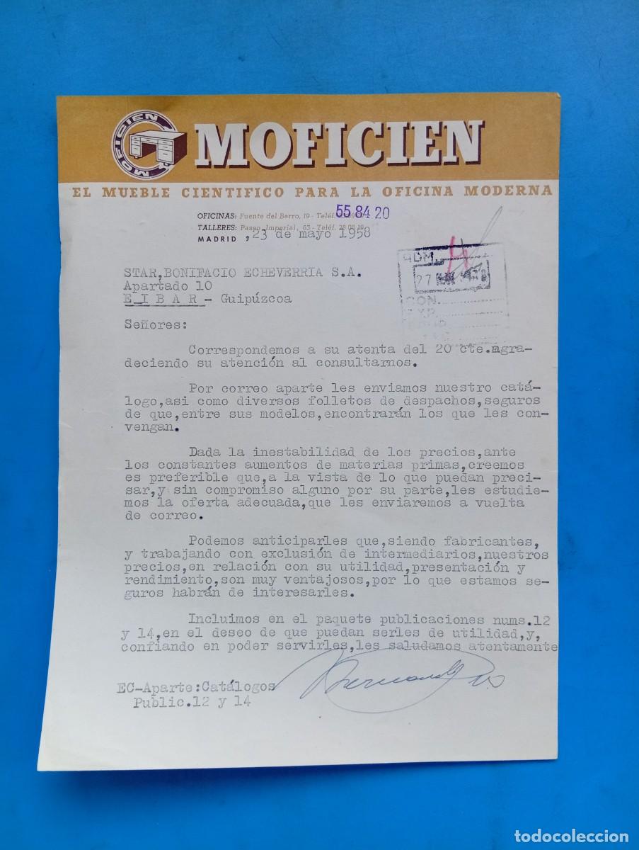 Cartas comerciales: CARTA COMERCIAL. EIBAR, GUIPUZCOA. 1958. MOFICIEN. EL MUEBLE CIENTIFICO PARA LA OFICINA MODERNA.