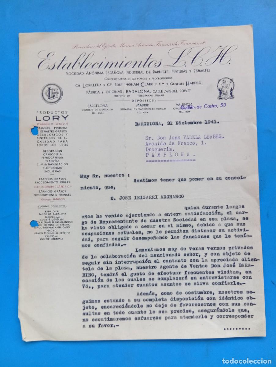 Cartas comerciales: CARTA COMERCIAL. BARCELONA. 1941. PROVEEDORES DEL EJERCITO. ESTABLECIMIENTOS L. C. H. PRODUCTOS LORY