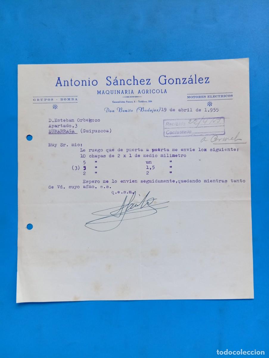 Cartas comerciales: CARTA COMERCIAL. DON BENITO, BADAJOZ. 1955. MAQUINARIA AGRICOLA. ANTONIO SANCHEZ GONZALEZ.