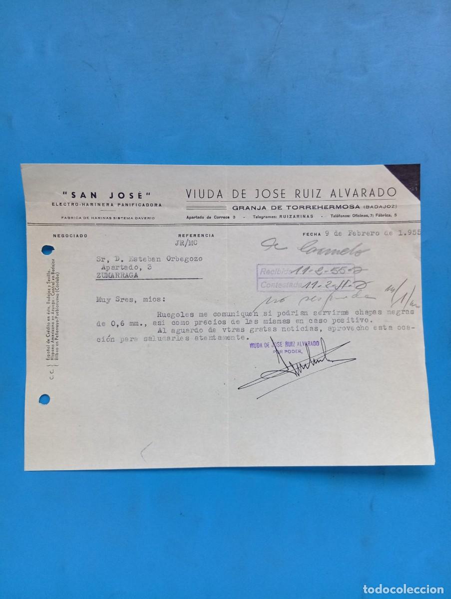 Cartas comerciales: CARTA COMERCIAL. GRANJA DE TORREHERMOSA, BADAJOZ. 1955. SAN JOSE, ELECTRO-HARINERA-PANIFICADORA.