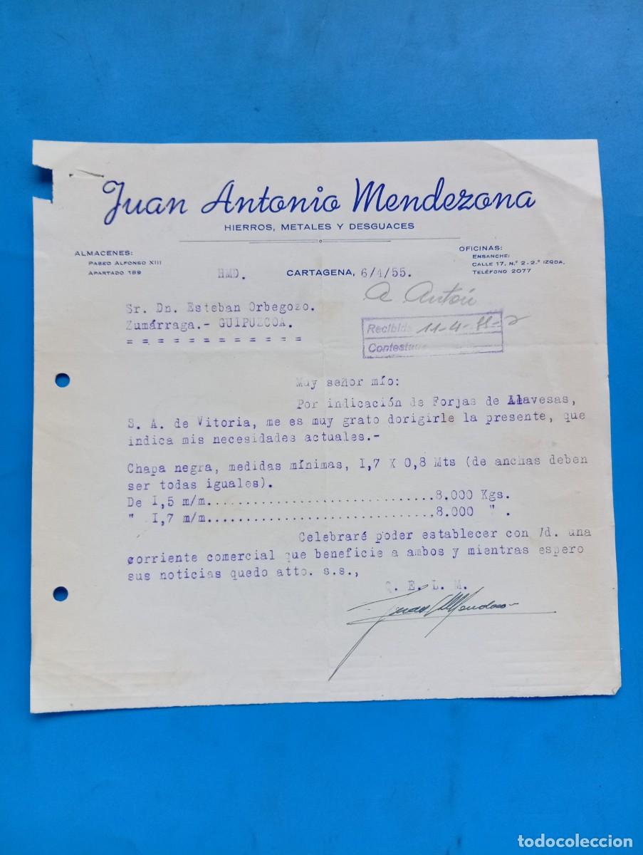 Cartas comerciales: CARTA COMERCIAL. CARTAGENA. 1955. HIERROS-METALES-DESGUACES. JUAN ANTONIO MENDEZONA.