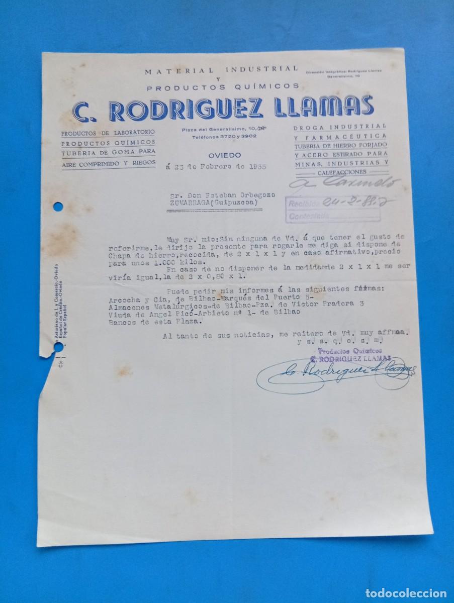 Cartas comerciales: CARTA COMERCIAL. OVIEDO. 1955. MATERIAL INDUSTRIAL Y PRODUCTOS QUIMICOS. C. RODRIGUEZ LLAMAS.