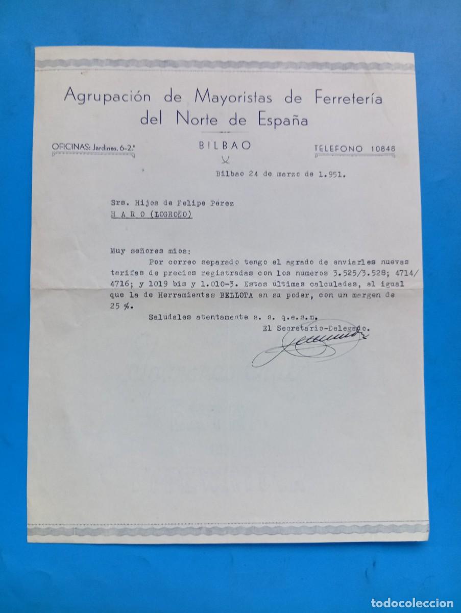 Cartas comerciales: CARTA COMERCIAL. BILBAO. 1951. AGRUPACION DE MAYORISTAS DE FERRETERIA DEL NORTE DE ESPA&Ntilde;A.