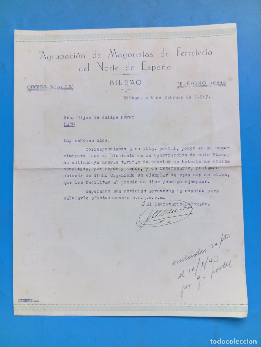 Cartas comerciales: CARTA COMERCIAL. BILBAO. 1943. AGRUPACION DE MAYORISTAS DE FERRETERIA DEL NORTE DE ESPA&Ntilde;A.