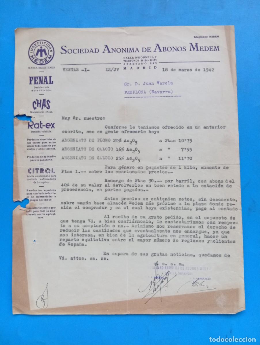 Cartas comerciales: CARTA COMERCIAL. MADRID. 1942. ISECTICIDAS MEDEM. SOCIEDAD ANONIMA DE ABONOS MEDEM.