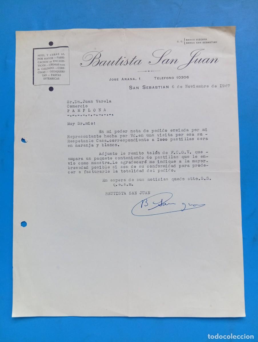 Cartas comerciales: CARTA COMERCIAL. SAN SEBASTIAN. 1947. BAUTISTA SAN JUAN. MIEL Y CERAS AL POR MAYOR.