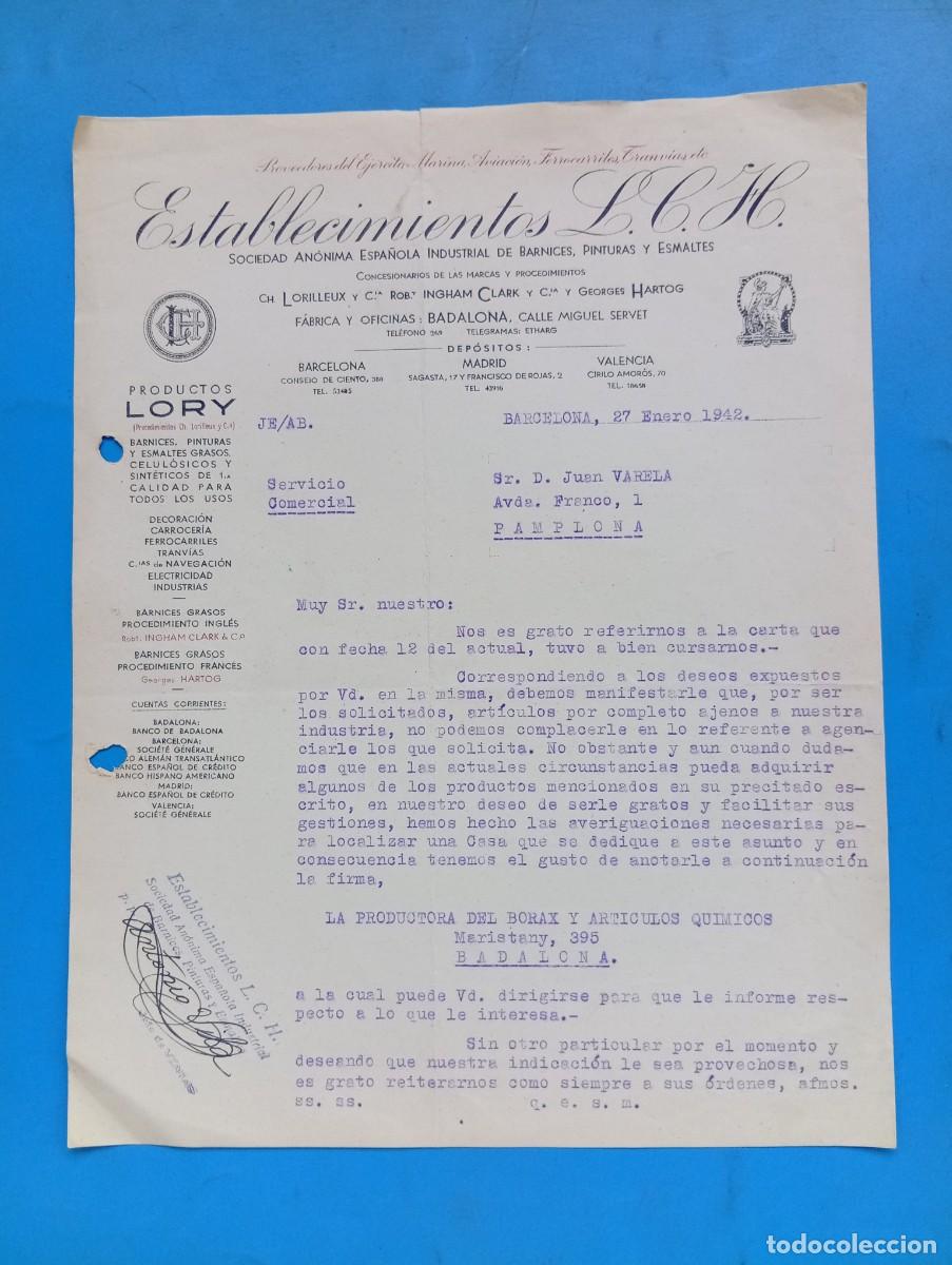 Cartas comerciales: CARTA COMERCIAL. BARCELONA. 1942. PROVEEDORES DEL EJERCITO. ESTABLECIMIENTOS L. C. H. PRODUCTOS LORY