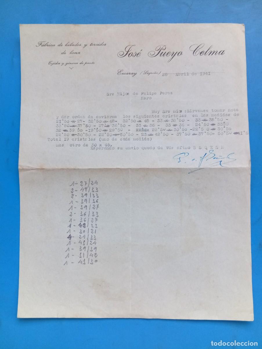 Cartas comerciales: CARTA COMERCIAL. EXCARRAY, LOGRO&Ntilde;O. 1941. FABRICA DE HILADOS Y TORCIDOS DE LANA. JOSE PUEYO CELMA.