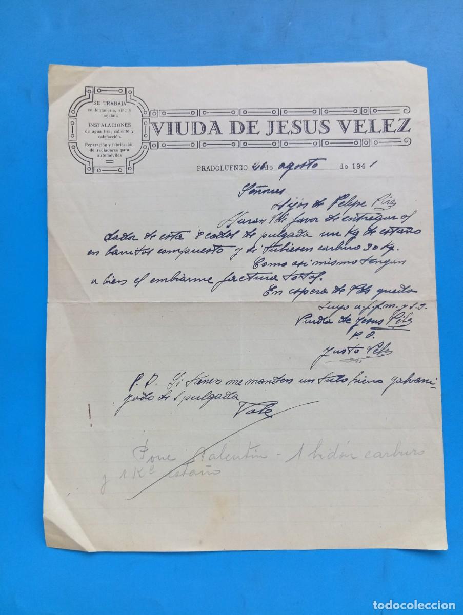 Cartas comerciales: CARTA COMERCIAL. PRADOLUENGO, BURGOS. 1950. FONTANERIA-ZINC-HOJALATA. VIUDA DE JESUS VELEZ.