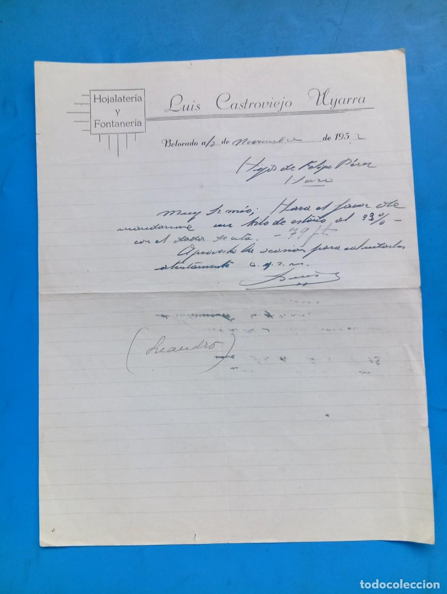 Cartas comerciales: CARTA COMERCIAL. BELORADO, BURGOS. 1952. HOJALATERIA Y FONTANERIA. LUIS CASTROVIEJO UYARRA.