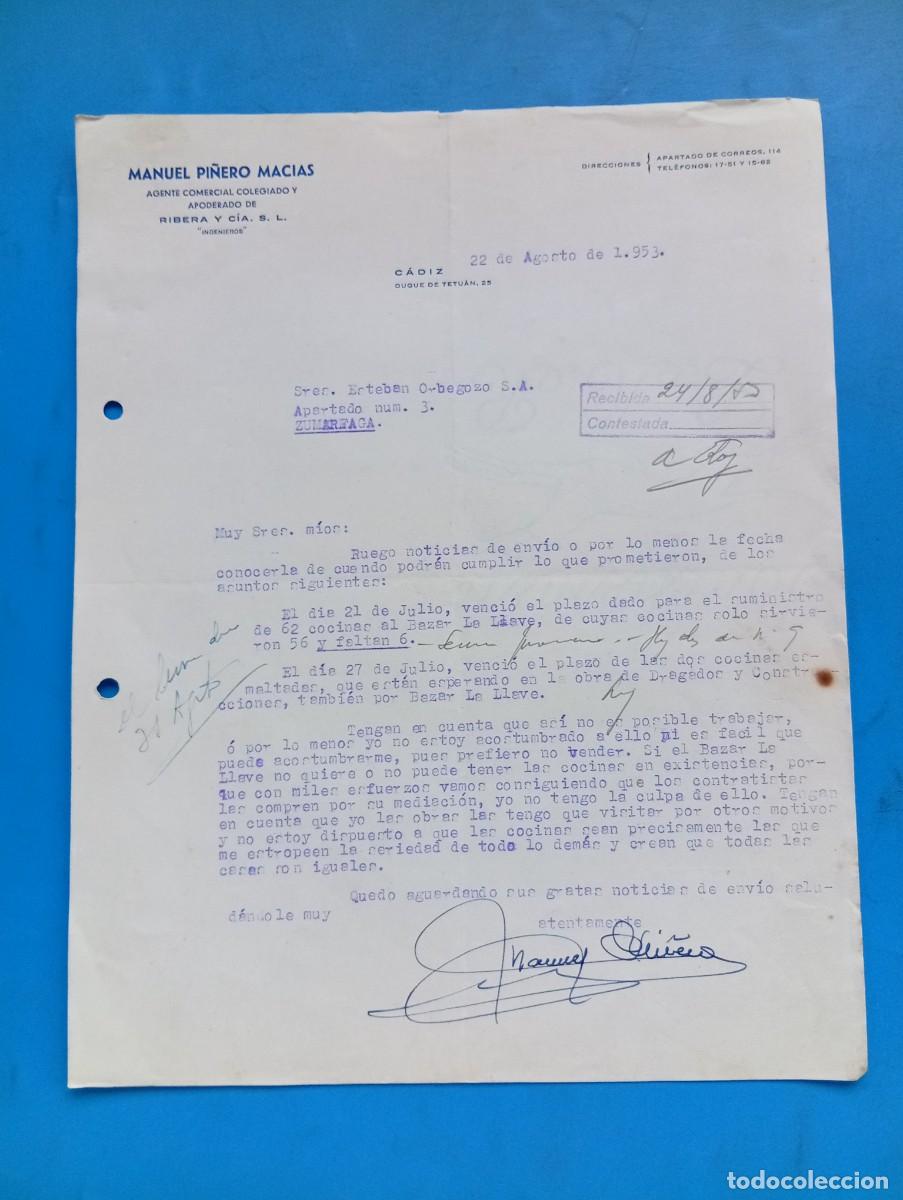Cartas comerciales: CARTA COMERCIAL. C&Aacute;DIZ. 1953. MANUEL PI&Ntilde;ERO MACIAS. AGENTE COMERCIAL COLEGIADO Y APODERADO DE RIBERA