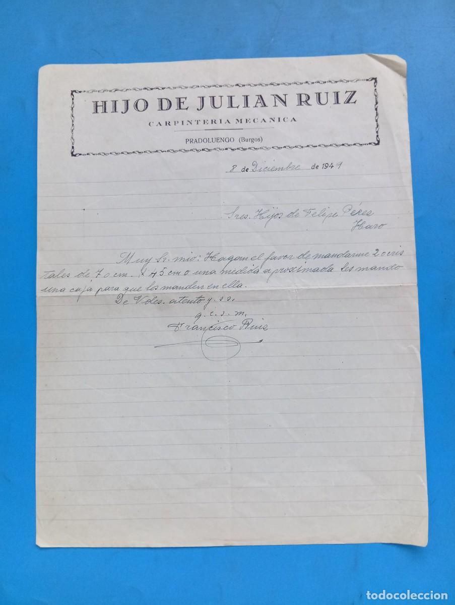 Cartas comerciales: CARTA COMERCIAL. PRADOLUENGO, BURGOS. 1949. CARPINTERIA MECANICA. HIJO DE JULIAN RUIZ.