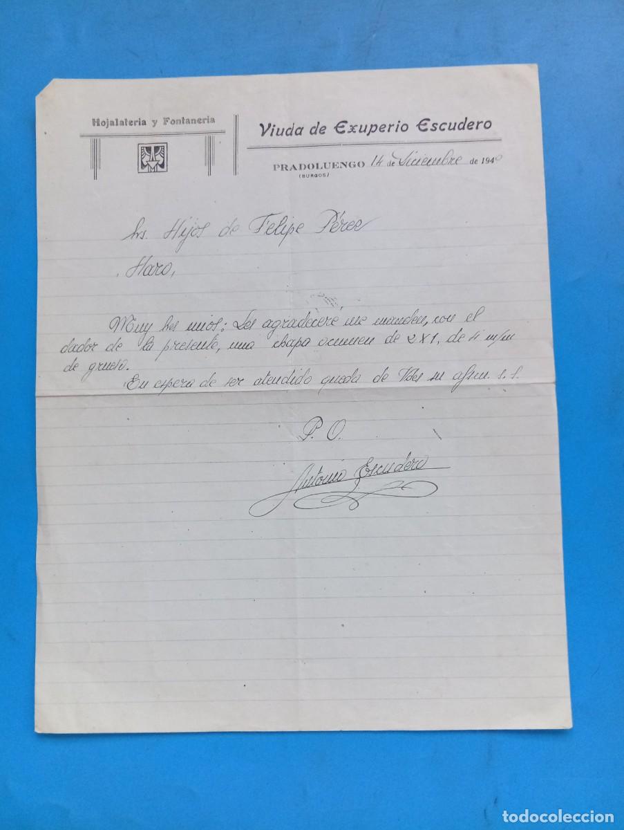 Cartas comerciales: CARTA COMERCIAL. PRADOLUENGO, BURGOS. 1940. HOJALATERIA-FONTANERIA. VIUDA DE EXUPERIO ESCUDERO.