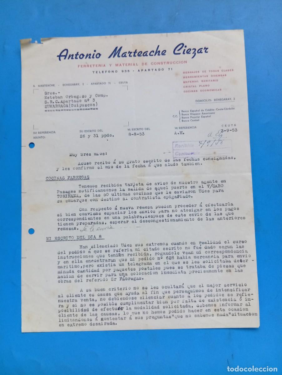 Cartas comerciales: CARTA COMERCIAL. CEUTA. 1953. FERRETERIA Y MATERIAL DE CONSTRUCCION. ANTONIO MARTEACHE CIEZAR.