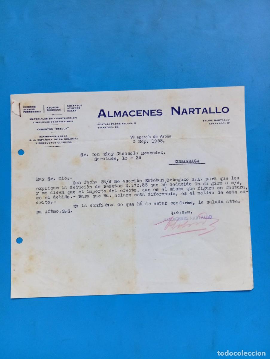 Cartas comerciales: CARTA COMERCIAL. VILLAGARCIA DE AROSA, PONTEVEDRA. 1953. ALMACENES NARTALLO. MATERIALES CONSTRUCCION