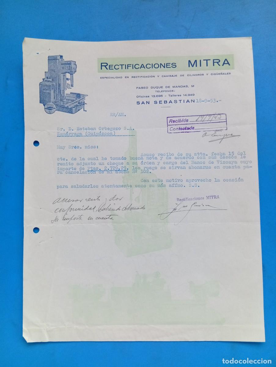 Cartas comerciales: CARTA COMERCIAL. SAN SEBASTIAN. 1953. RECTIFICACIONES MITRA. CAMISAJE DE CILINDROS Y CIG&Uuml;E&Ntilde;ALES.