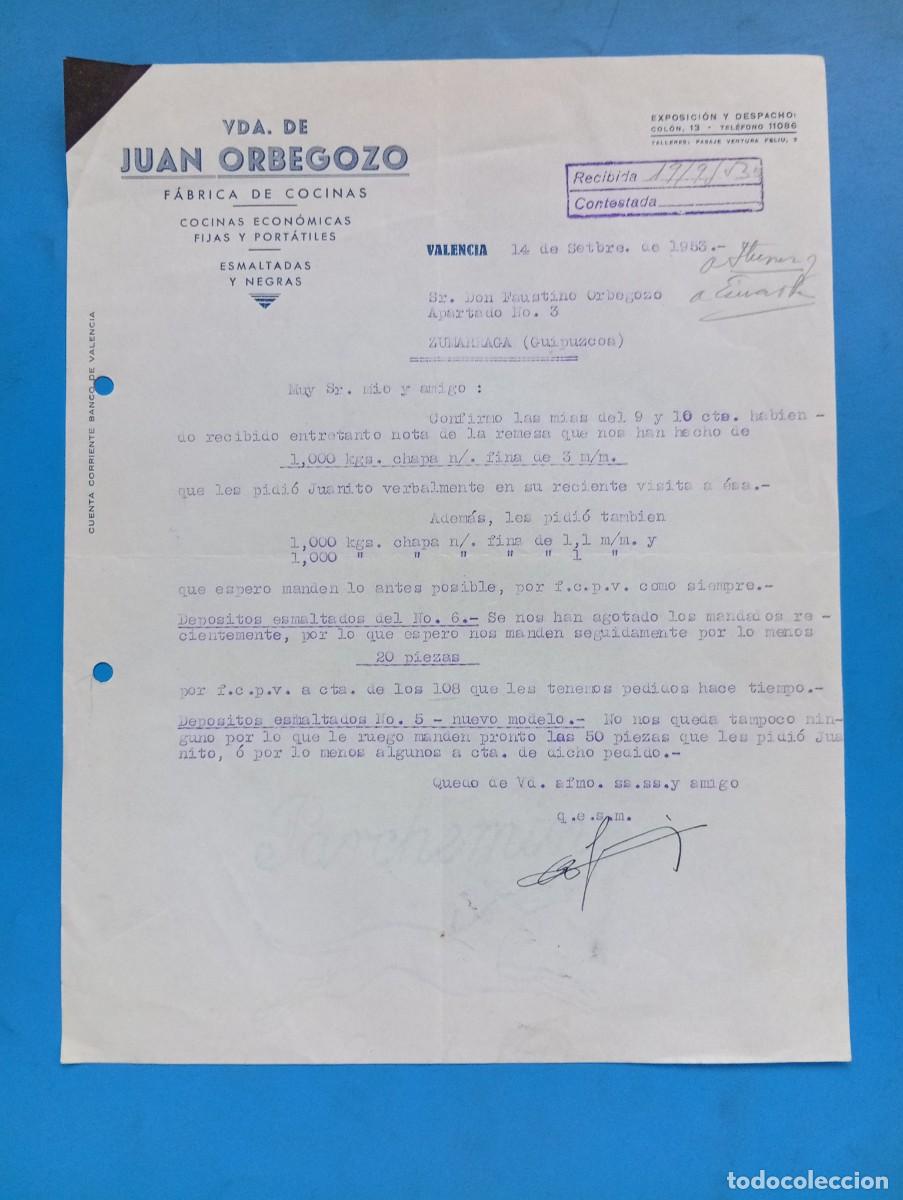 Cartas comerciales: CARTA COMERCIAL. VALENCIA. 1953. FABRICACION DE COCINAS. VDA. DE JUAN ORBEGOZO.