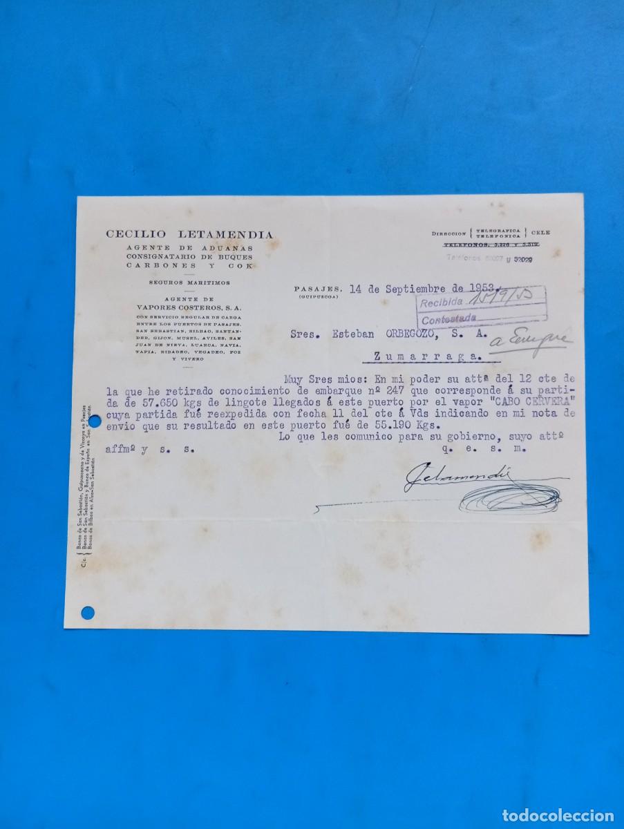 Cartas comerciales: CARTA COMERCIAL. PASAJES, GUIPUZCOA. 1953. AGENTE DE ADUANAS. CECILIO LETAMENDIA.