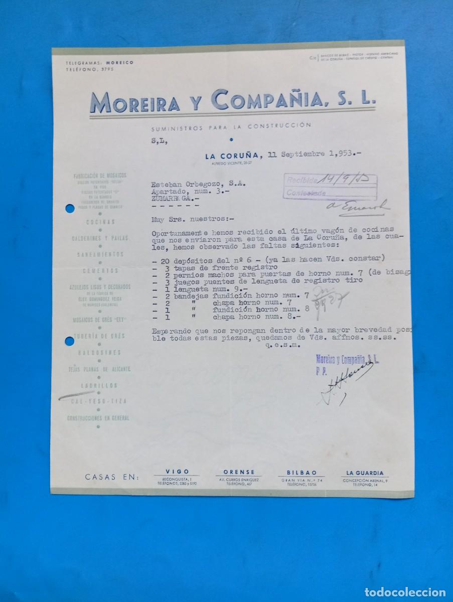 Cartas comerciales: CARTA COMERCIAL. LA CORU&Ntilde;A. 1953. SUMINISTROS PARA LA CONSTRUCCION. MOREIRA Y COMPA&Ntilde;IA, S.L.