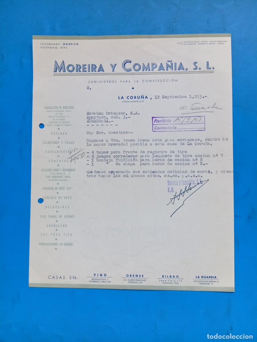Cartas comerciales: CARTA COMERCIAL. LA CORU&Ntilde;A. 1953. SUMINISTROS PARA LA CONSTRUCCION. MOREIRA Y COMPA&Ntilde;IA, S.L.