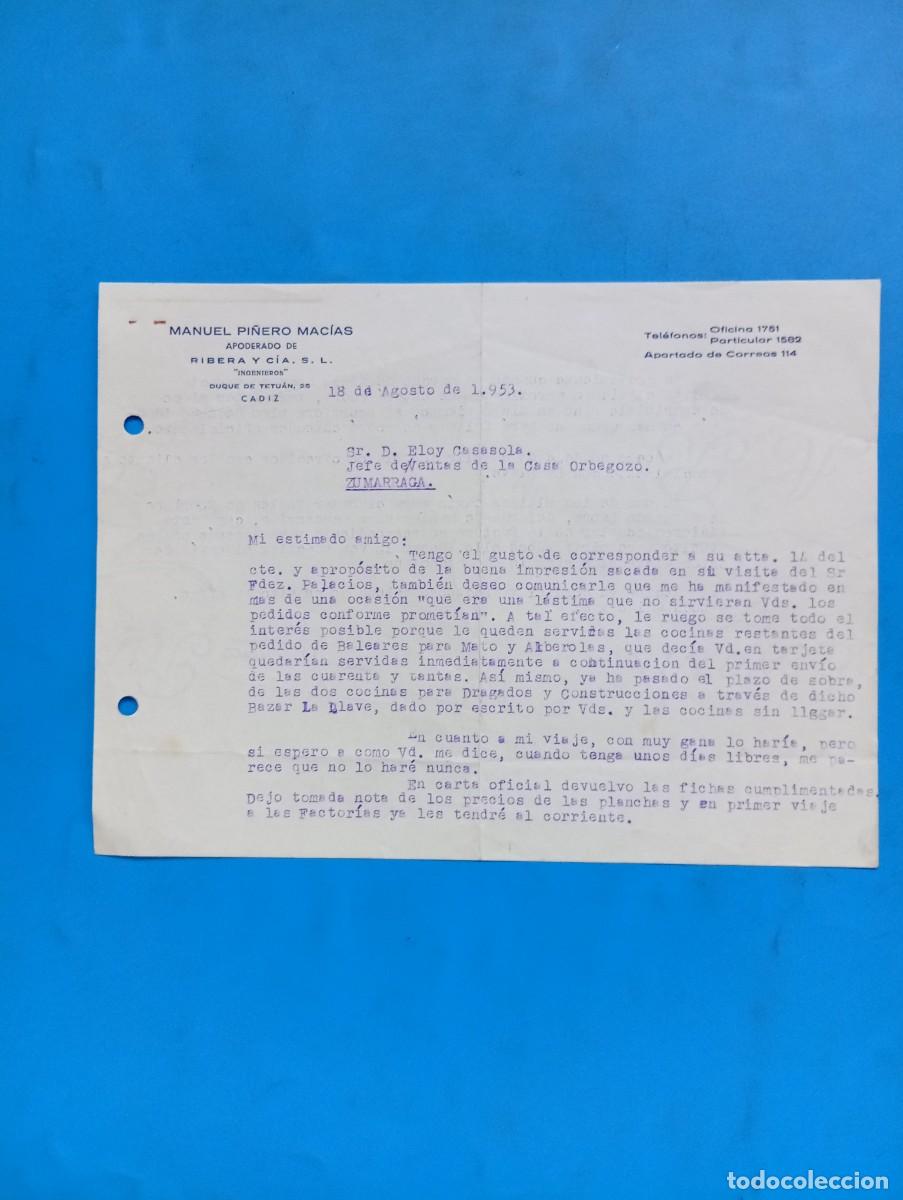 Cartas comerciales: CARTA COMERCIAL. C&Aacute;DIZ. 1953. MANUEL PI&Ntilde;ERO MACIAS. AGENTE COMERCIAL COLEGIADO Y APODERADO DE RIBERA