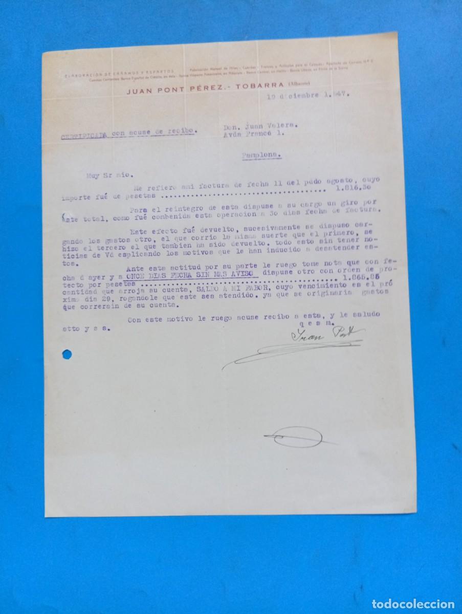 Cartas comerciales: CARTA COMERCIAL. TOBARRA, ALBACETE. 1947. JUAN PONT PEREZ. ELABORACION DE CA&Ntilde;AMOS Y ESPARTOS.