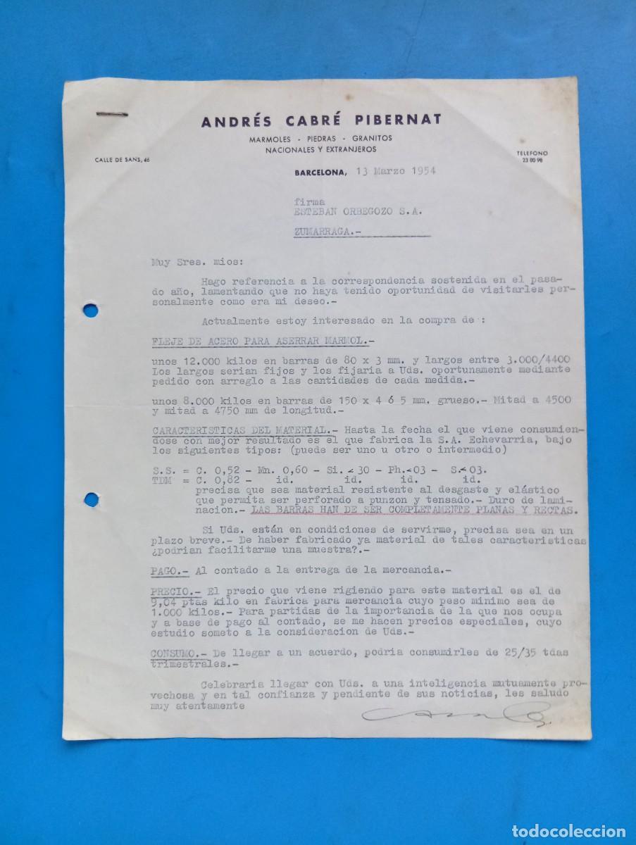 Cartas comerciales: CARTA COMERCIAL. BARCELONA. 1954. MARMOLES-PIEDRAS-GRANITOS. ANDRES CABRE PIBERNAT.