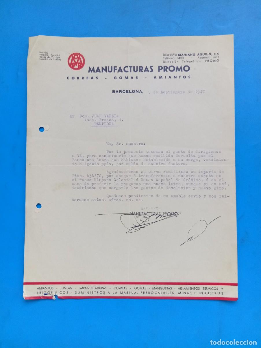 Cartas comerciales: CARTA COMERCIAL. BARCELONA. 1947. CORREAS-GOMAS-AMIANTOS. MANUFACTURAS PROMO.