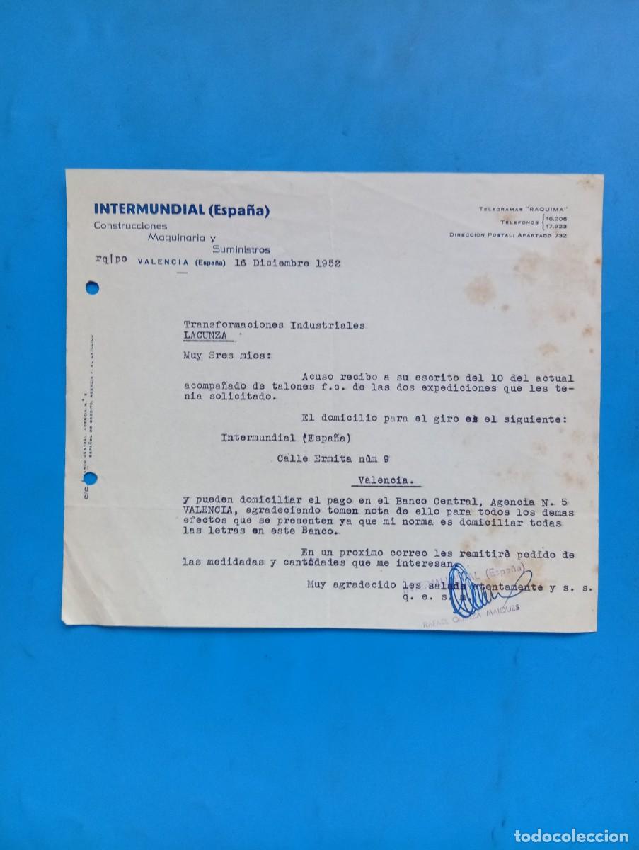 Cartas comerciales: CARTA COMERCIAL. VALENCIA. 1952. INTERMUNDIAL ( ESPA&Ntilde;A). CONSTRUCCIONES, MAQUINARIA Y SUMINISTROS.