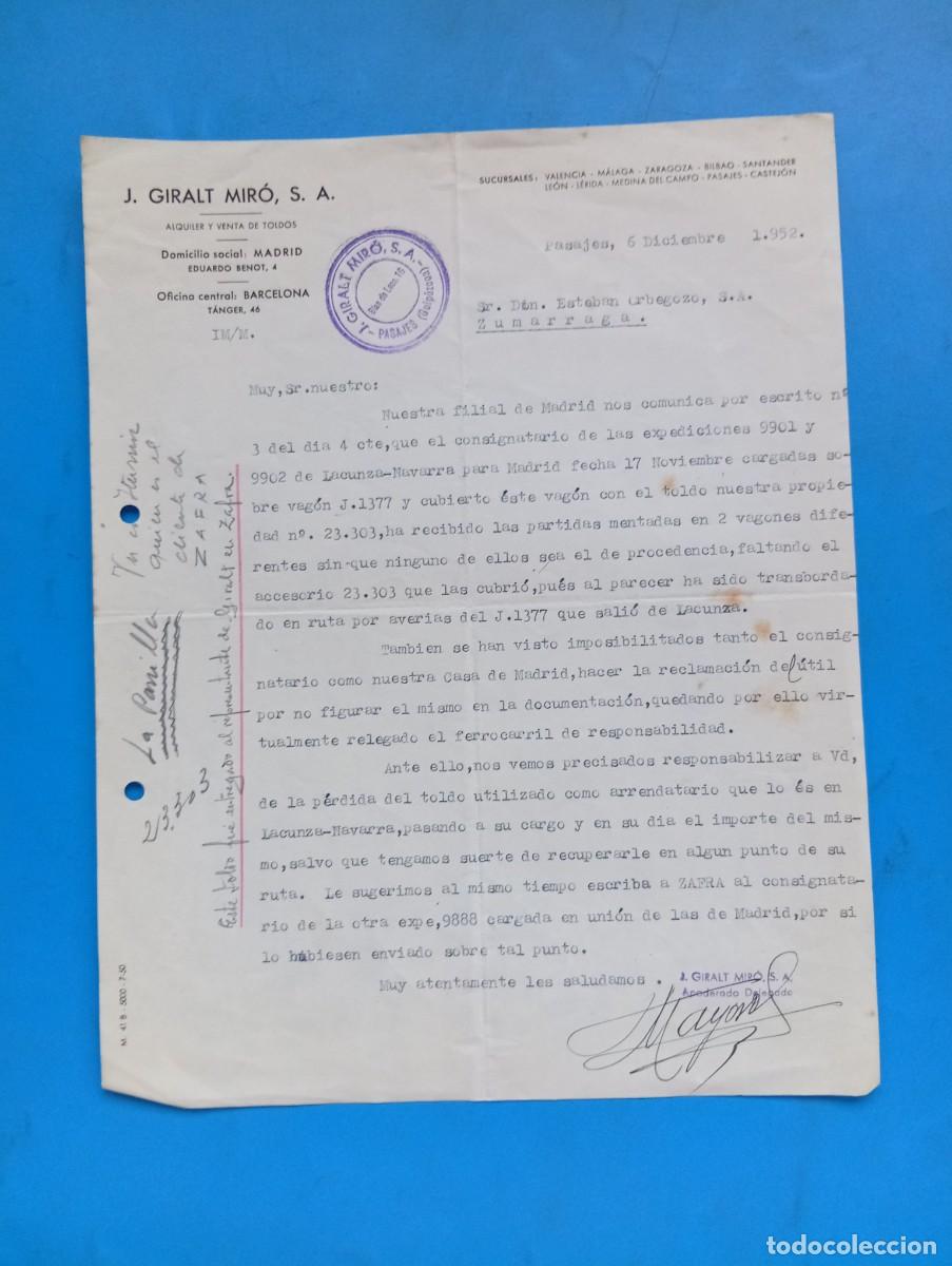 Cartas comerciales: CARTA COMERCIAL. PASAJES, GUIPUZCOA. 1952. J. GIRALT MIRO, S.A. ALQUILER Y VENTA DE TOLDOS.