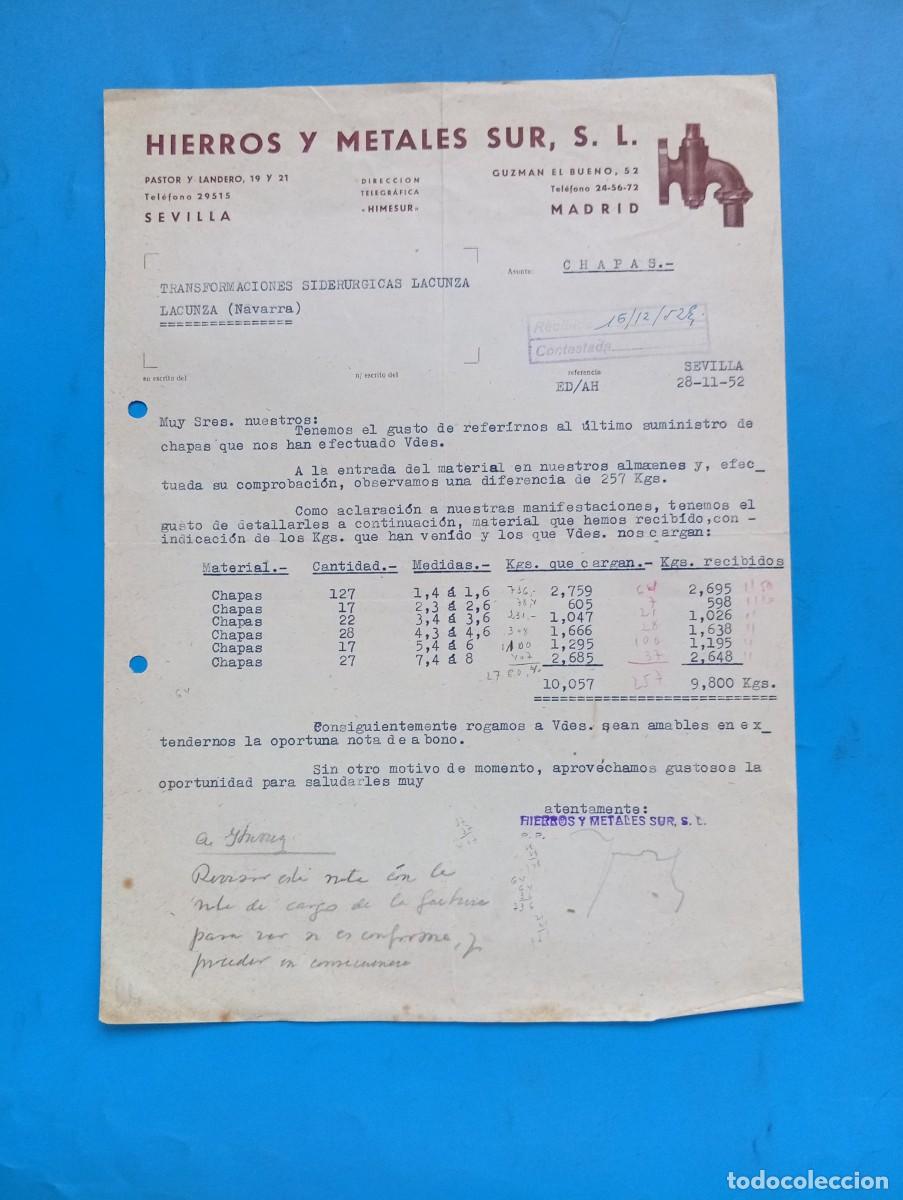 Cartas comerciales: CARTA COMERCIAL. SEVILLA. 1952. HIERROS Y METALES SUR, S.L.