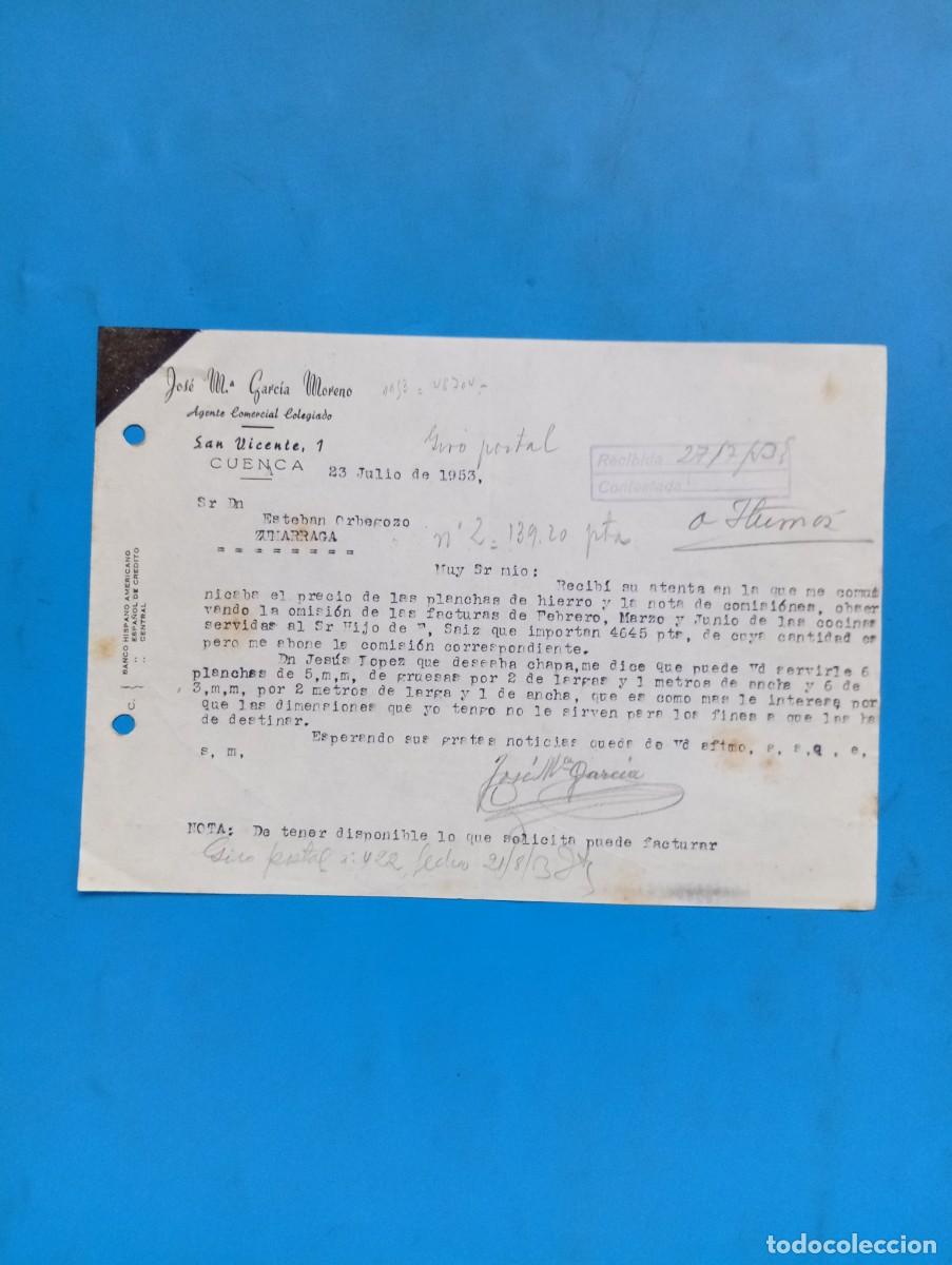 Cartas comerciales: CARTA COMERCIAL. CUENCA. 1953. JOSE M&ordf;. GARCIA MORENO. AGENTE COMERCIAL COLEGIADO.