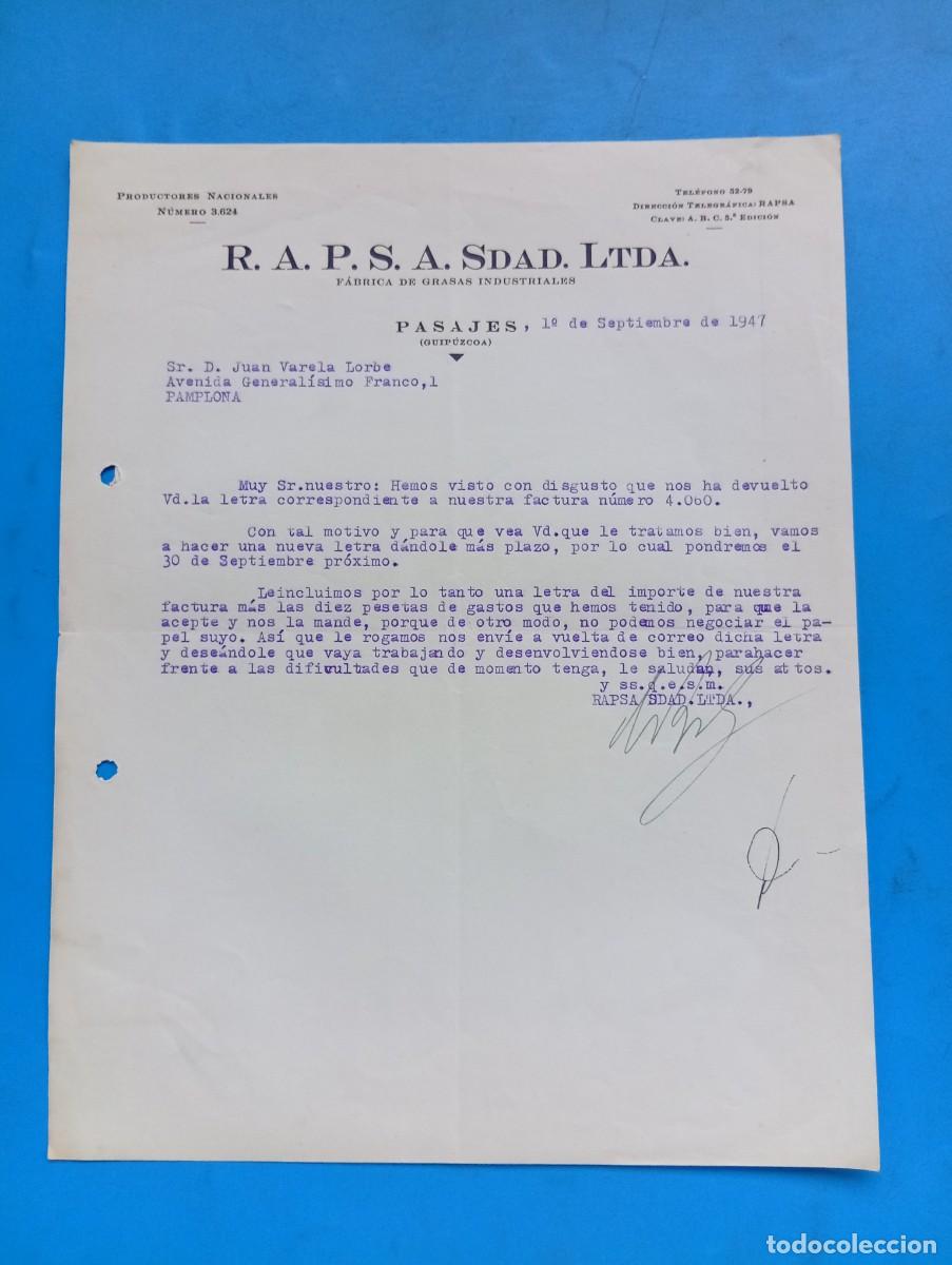 Cartas comerciales: CARTA COMERCIAL. PASAJES, GUIPUZCOA. 1947. FABRICA DE GRASAS INDUSTRIALES. R. A. P. S. A. SDAD. LTDA