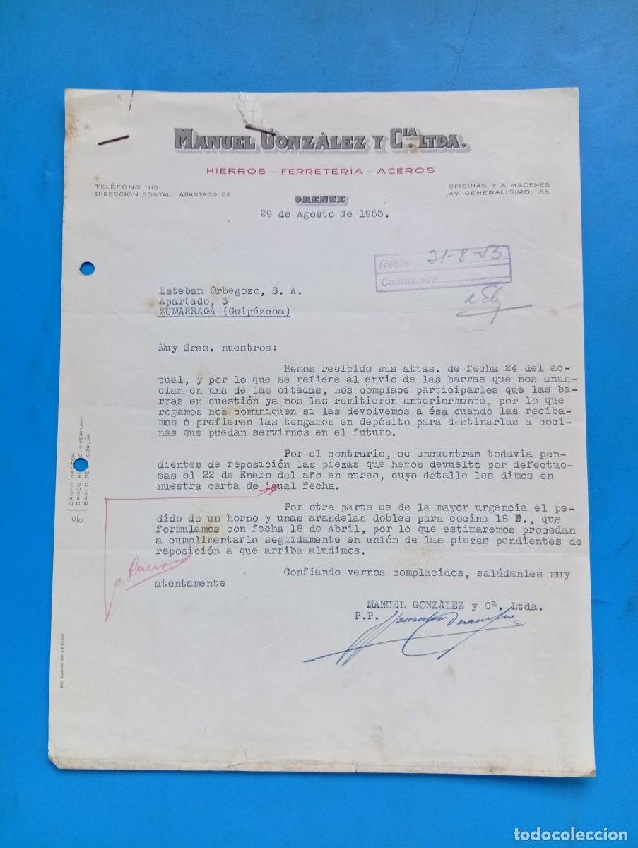 Cartas comerciales: CARTA COMERCIAL. ORENSE. 1953. HIERROS-FERRETERIA-ACEROS. MANUEL GONZALEZ Y CIA. LTDA.
