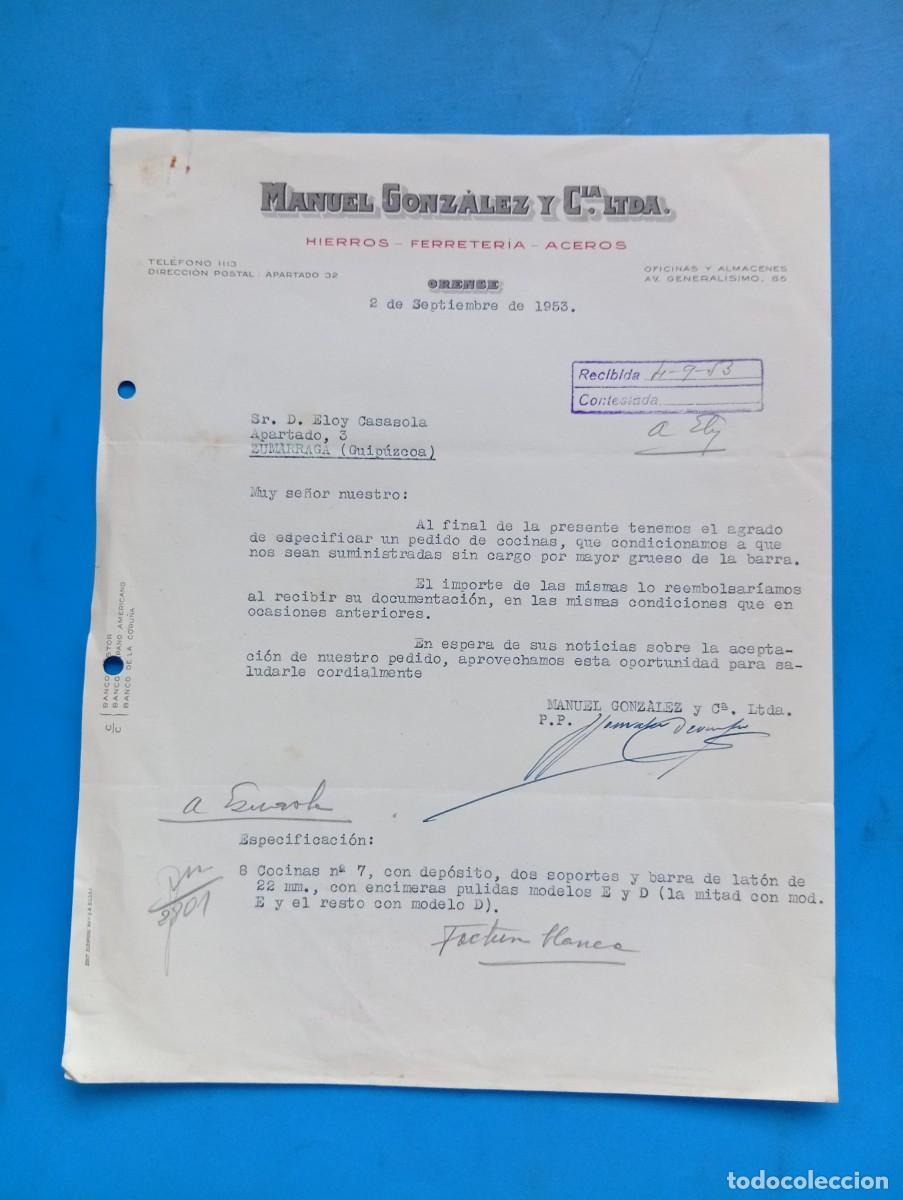 Cartas comerciales: CARTA COMERCIAL. ORENSE. 1953. HIERROS-FERRETERIA-ACEROS. MANUEL GONZALEZ Y CIA. LTDA.