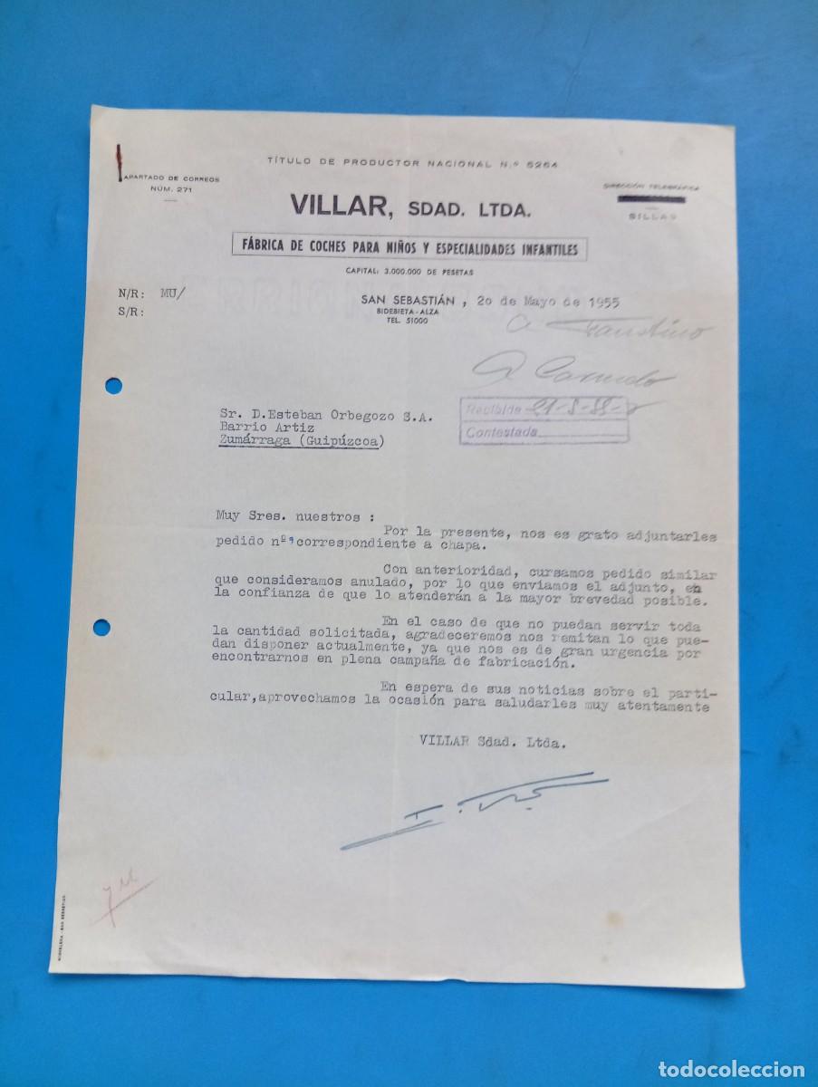 Cartas comerciales: CARTA COMERCIAL. SAN SEBASTIAN. 1955. FABRICA DE COCHES PARA NI&Ntilde;OS. VILLAR, SDAD. LTDA.