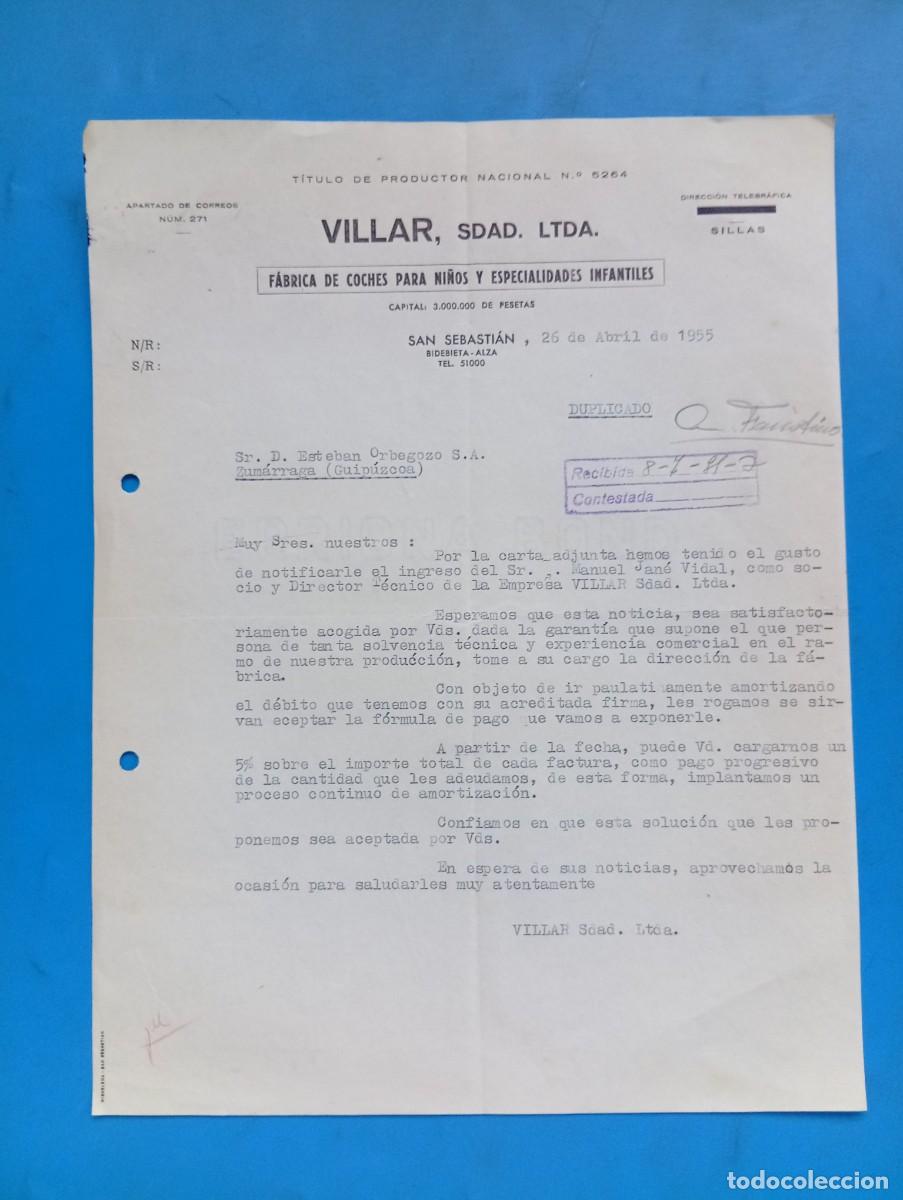 Cartas comerciales: CARTA COMERCIAL. SAN SEBASTIAN. 1955. FABRICA DE COCHES PARA NI&Ntilde;OS. VILLAR, SDAD. LTDA.