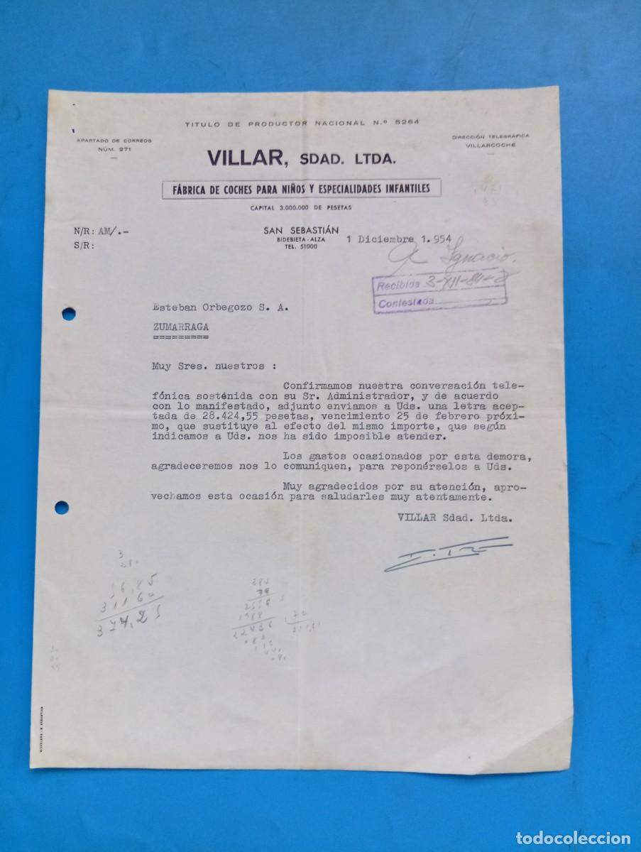 Cartas comerciales: CARTA COMERCIAL. SAN SEBASTIAN. 1955. FABRICA DE COCHES PARA NI&Ntilde;OS. VILLAR, SDAD. LTDA.