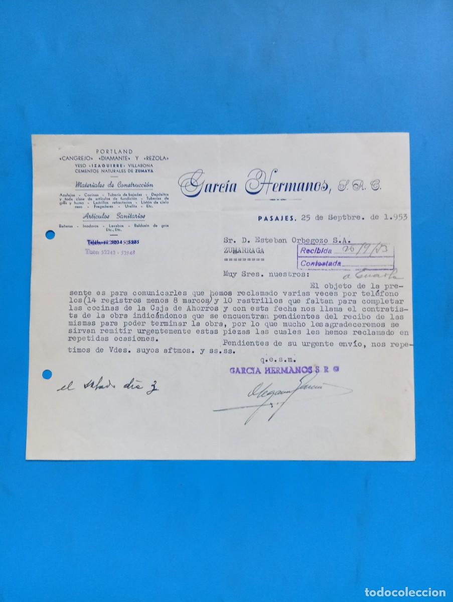 Cartas comerciales: CARTA COMERCIAL. PASAJES, GUIPUZCOA. 1953. GARCIA HERMANOS. PORTLAND CANGREJO DIAMANTE Y REZOLA.