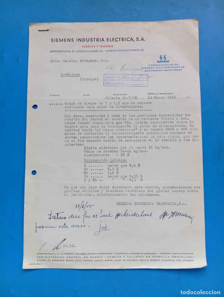 Cartas comerciales: CARTA COMERCIAL. CORNELLA, BARCELONA. 1955. SIEMENS INDUSTRIA ELECTRICA, S.A. FABRICA Y TALLERES.