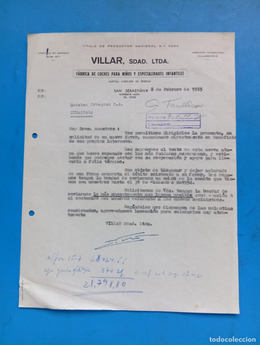 Cartas comerciales: CARTA COMERCIAL. SAN SEBASTIAN. 1955. FABRICA DE COCHES PARA NI&Ntilde;OS. VILLAR, SDAD. LTDA.