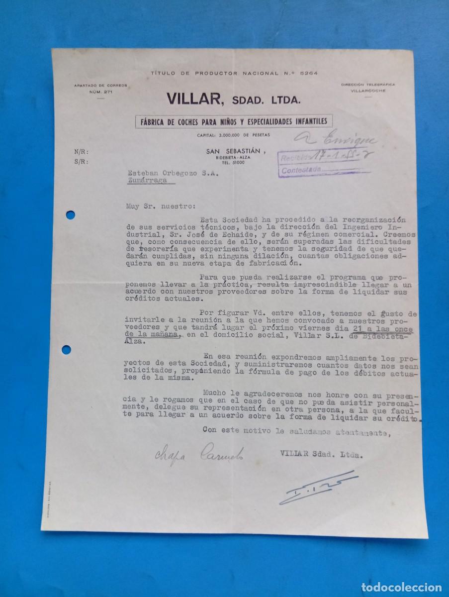 Cartas comerciales: CARTA COMERCIAL. SAN SEBASTIAN. 1955. FABRICA DE COCHES PARA NI&Ntilde;OS. VILLAR, SDAD. LTDA.