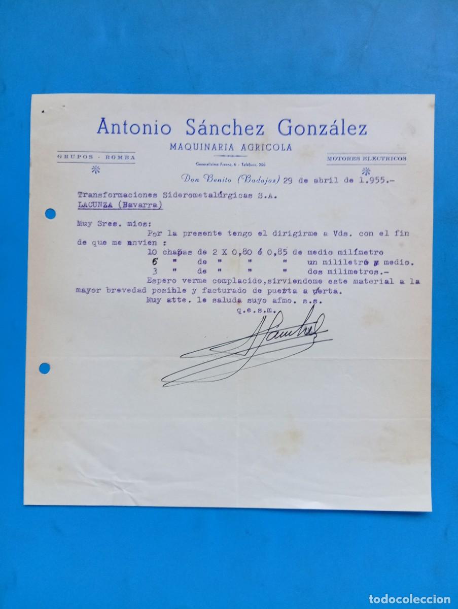 Cartas comerciales: CARTA COMERCIAL. DON BENITO, BADAJOZ. 1955. MAQUINARIA AGRICOLA. ANTONIO SANCHEZ GONZALEZ.