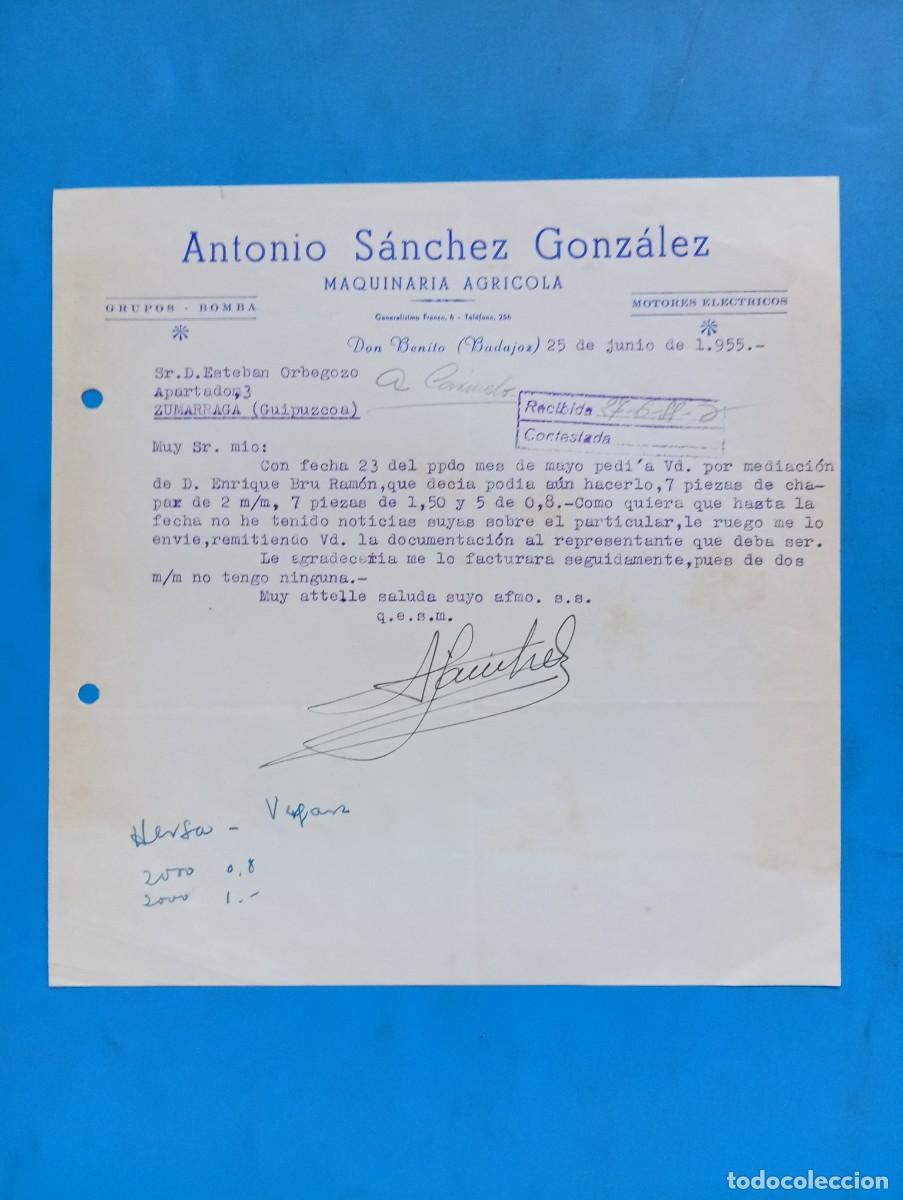 Cartas comerciales: CARTA COMERCIAL. DON BENITO, BADAJOZ. 1955. MAQUINARIA AGRICOLA. ANTONIO SANCHEZ GONZALEZ.
