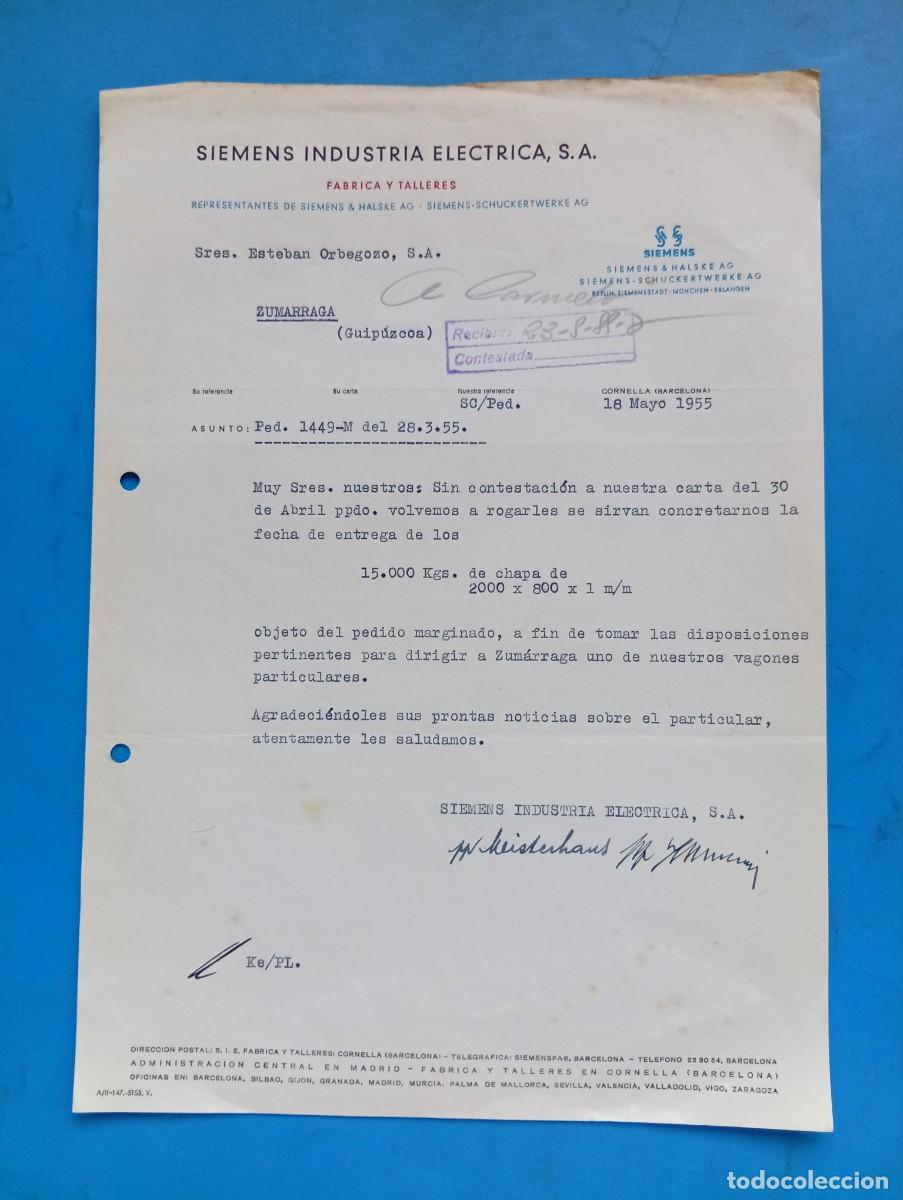 Cartas comerciales: CARTA COMERCIAL. CORNELLA, BARCELONA. 1955. SIEMENS INDUSTRIA ELECTRICA, S.A. FABRICA Y TALLERES.