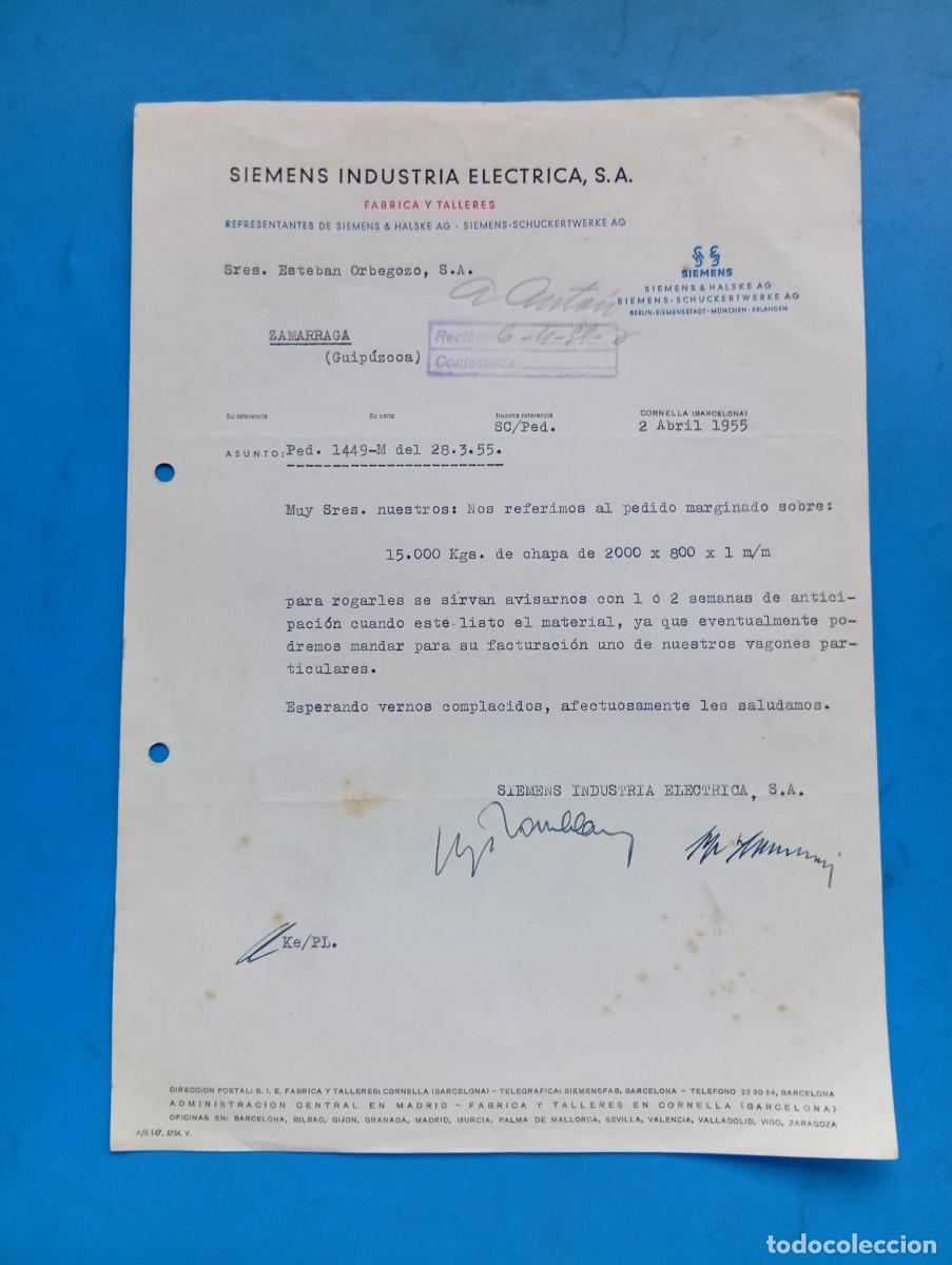 Cartas comerciales: CARTA COMERCIAL. CORNELLA, BARCELONA. 1955. SIEMENS INDUSTRIA ELECTRICA, S.A. FABRICA Y TALLERES.